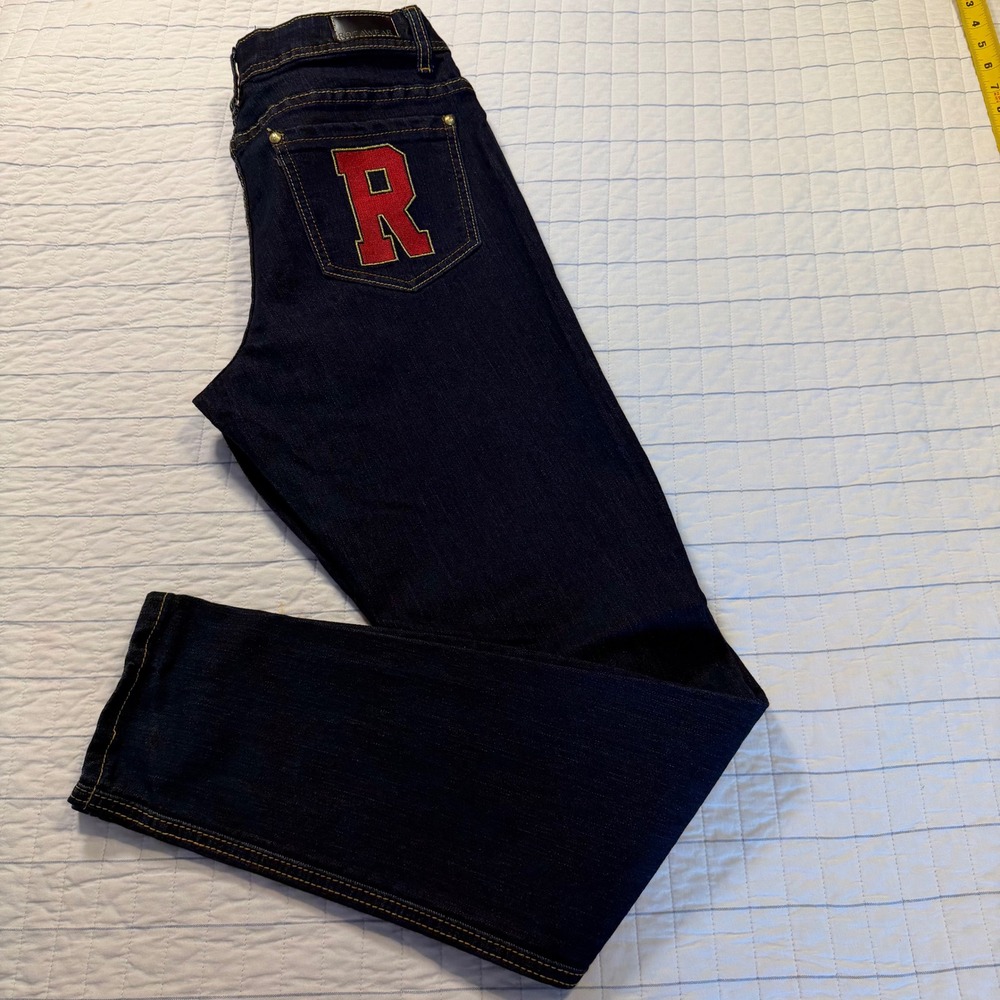 Rocawear Womens Dark Wash Skinny‎ Jeans Red R Logo Patch Denim 024RW-040411